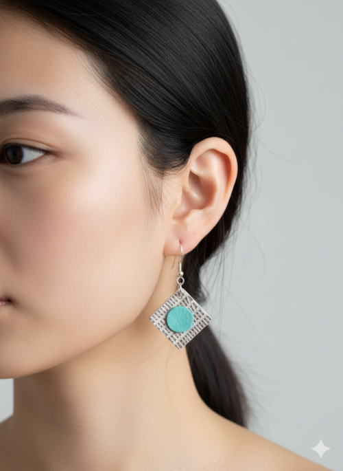A woman facing away from the camera, with hair up to show her ear, is wearing a pair of square earrings made from upcycled leather. They are metallic and blue