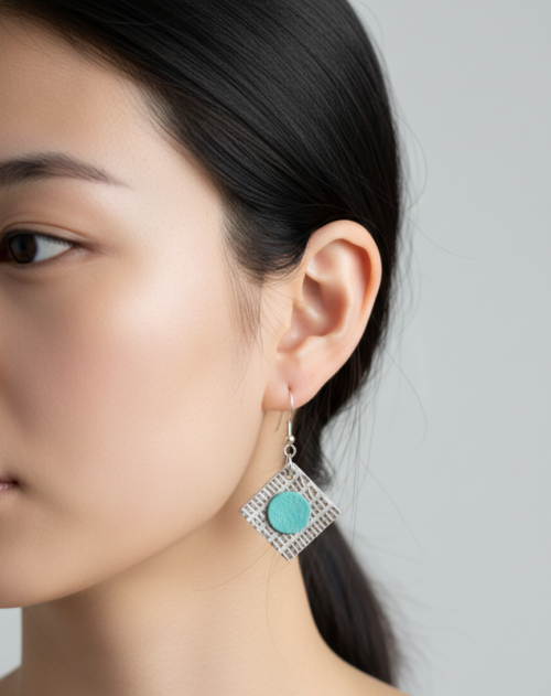 A woman facing away from the camera, with hair up to show her ear, is wearing a pair of square earrings made from upcycled leather. They are metallic and blue
