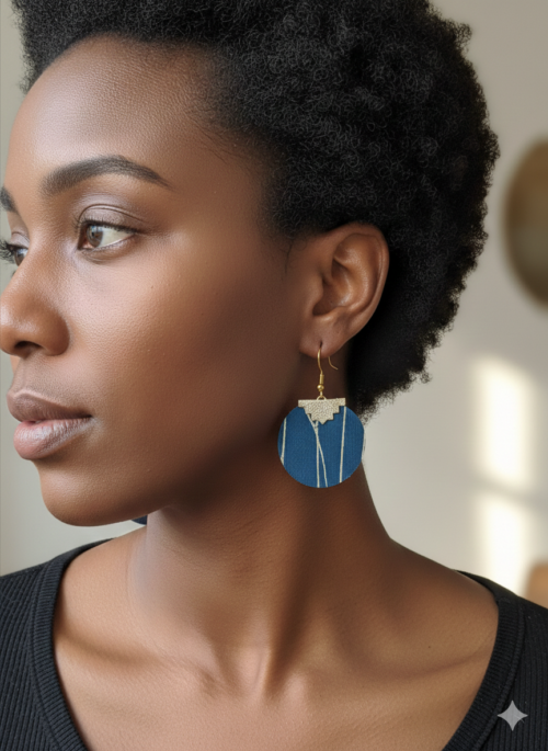 A black woman facing away to show her blue and gold earrings made from upcycled roller blind material