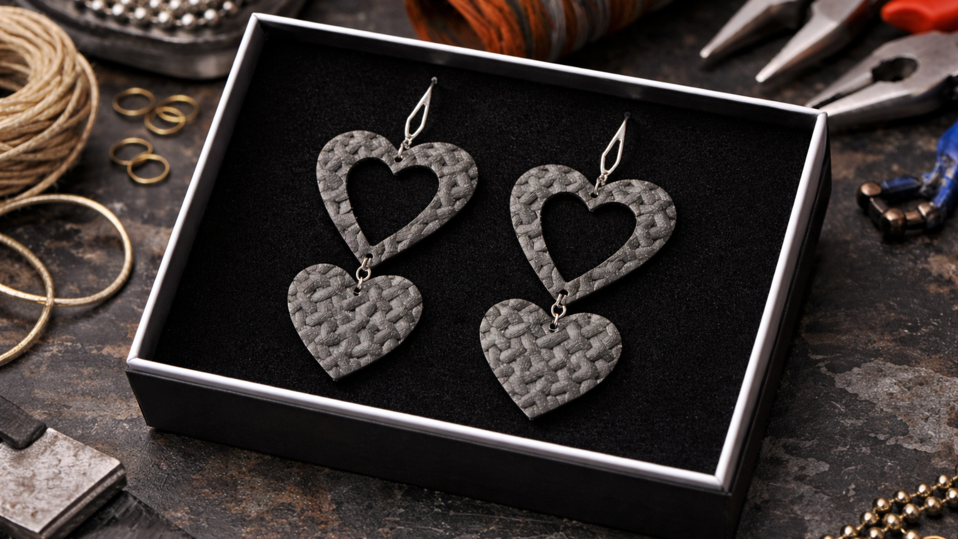 Heart shaped earrings in a gift box, they are made of grey metallic leather and surrounded by tools