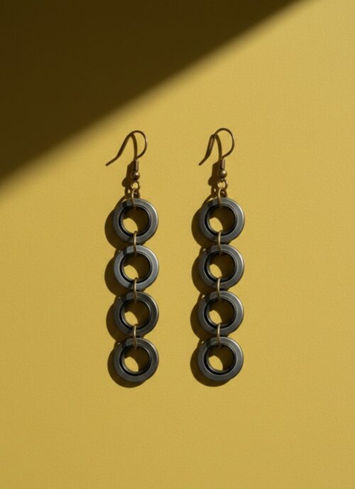 A pair of industrial-style earrings made from upcycled materials, they are dangly with 4 small rings hanging. On a mustard yellow background