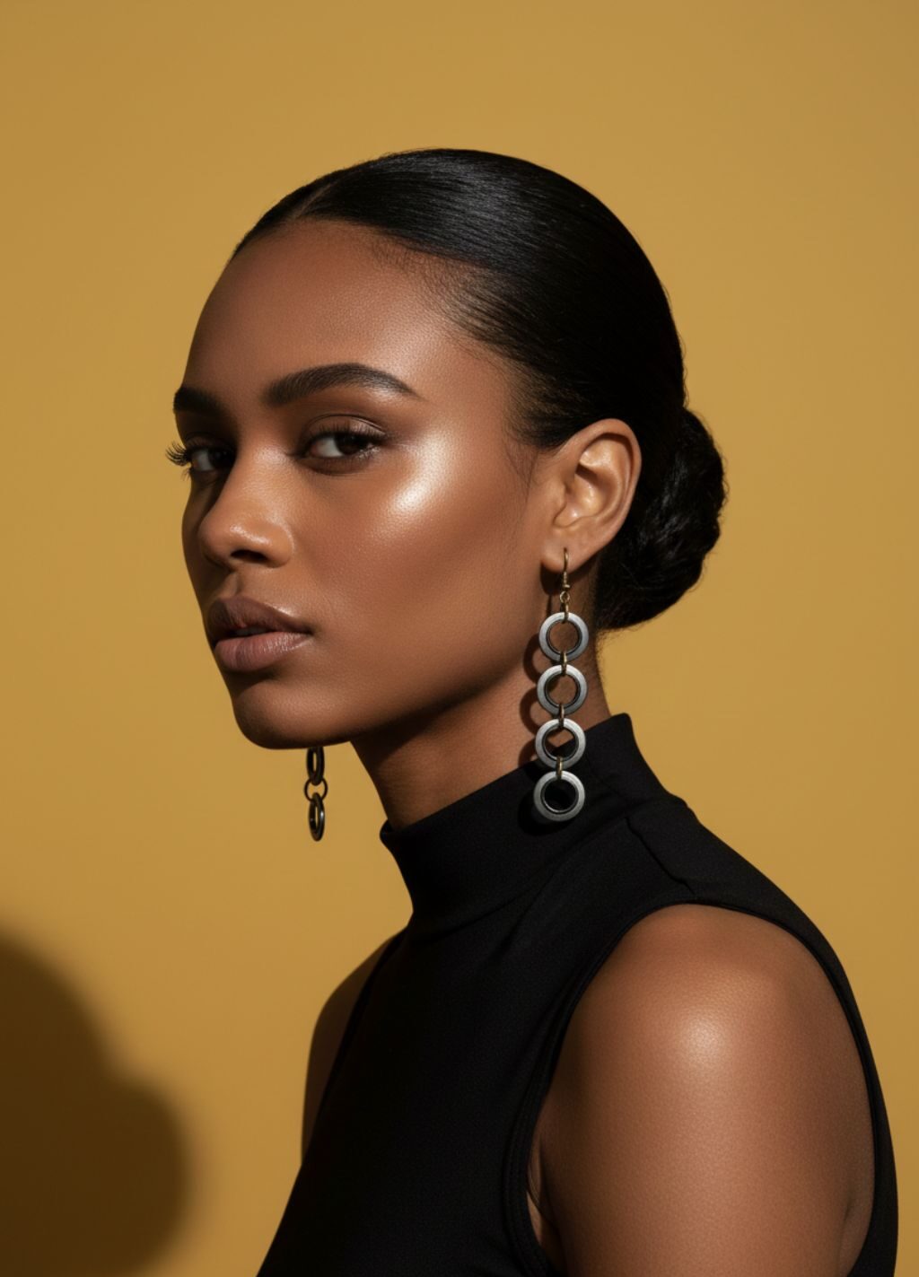 A woman of colour wearing a pair of industrial-style earrings made from upcycled materials, they are dangly with 4 small rings hanging. On a mustard yellow background