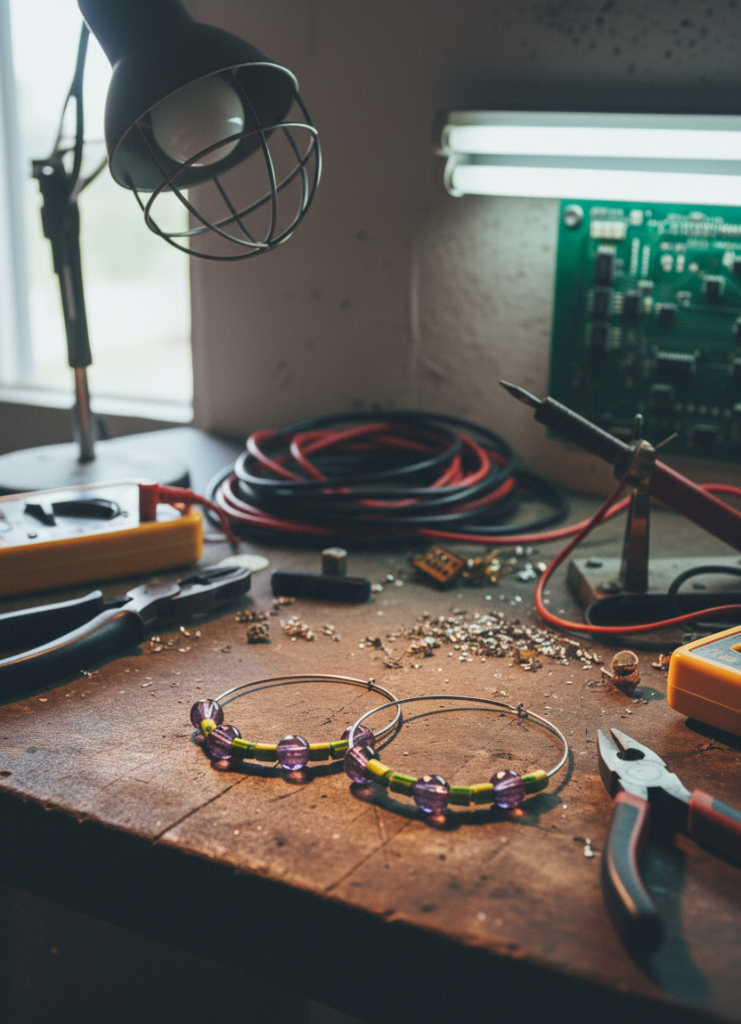 A pair of hoop earrings, made from upcycled electrical wire, on an electrician's bench