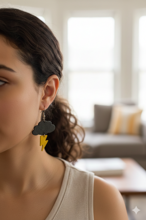 A woman earing a pair of lightning bolt and cloud earrings