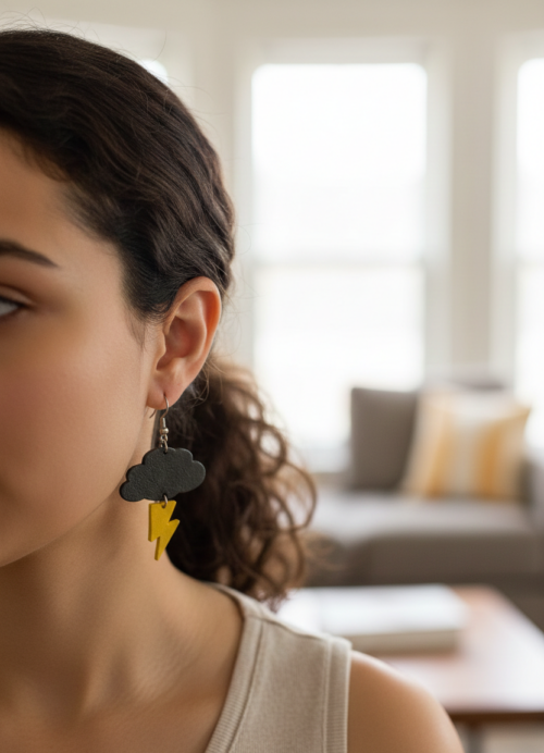 A woman earing a pair of lightning bolt and cloud earrings